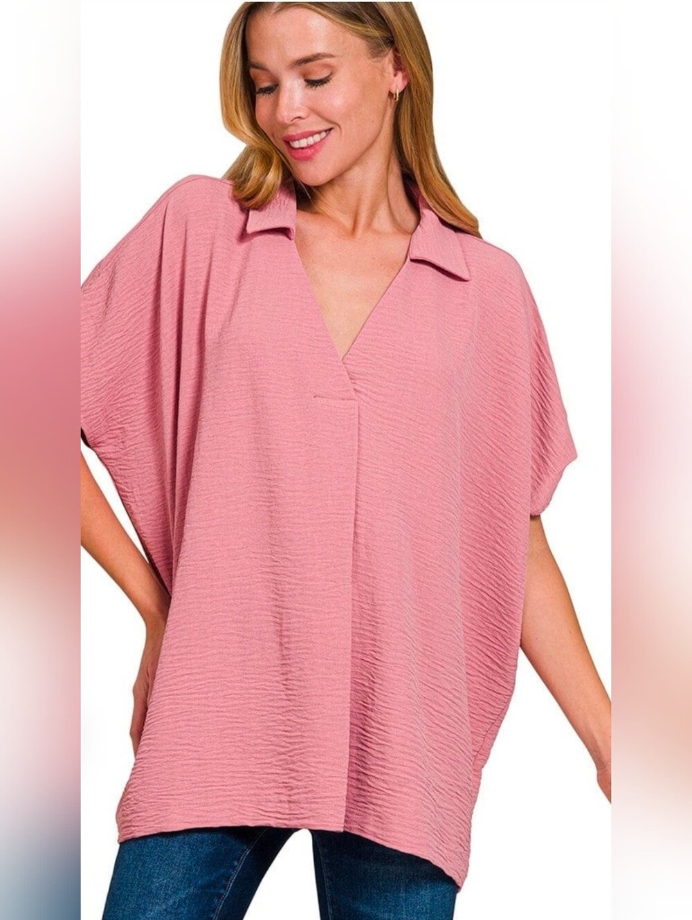 Zenana V-Neck Airflow Collared Women's Top - Dusty Rose
